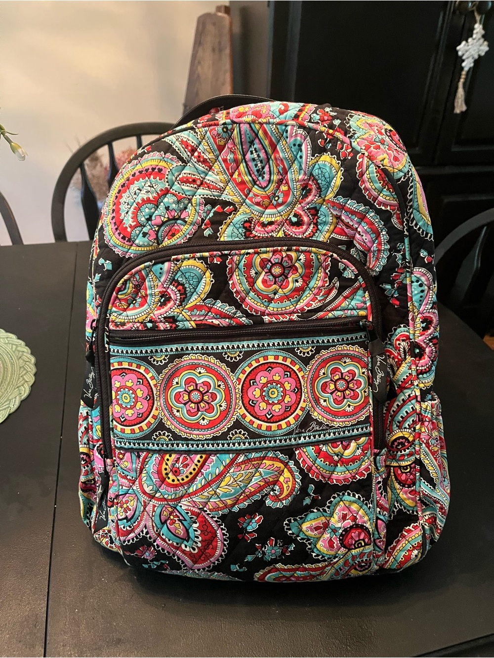 Vera Bradley Black Quilted Backpack with Pink, Turquoise, Yellow & Red Paisley
